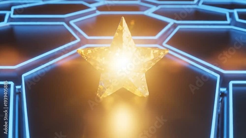 A radiant gold star shines brightly within a blue neon geometric pattern, viewed from a straight-on perspective, creating a futuristic ambiance.