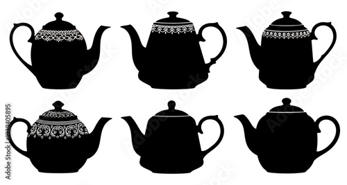 Teapot Silhouettes with Ornate Designs Vector Illustration
