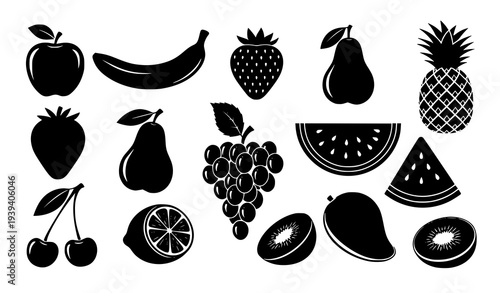 Fruit Silhouette Collection Vector Set Black Fruit Icons Isolated on White Background