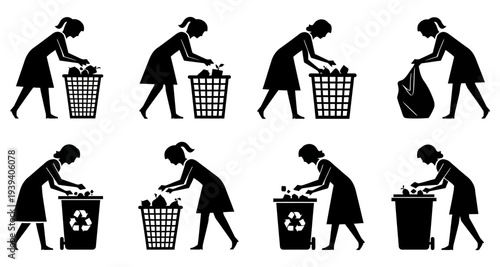 Woman Sorting Trash and Recycling Vector Silhouette Illustrations