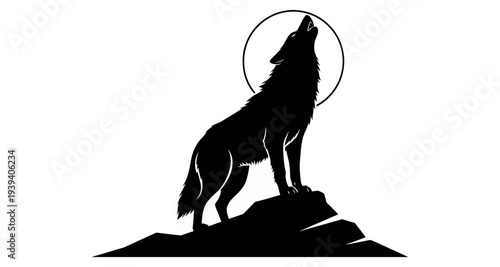 Howling Wolf Silhouette Standing on Mountain Top Vector Illustration