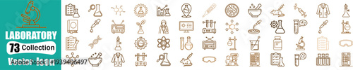 Scientific laboratory research and chemical experiment equipment medical science thin line icons