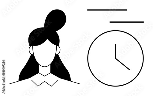 Woman with a top knot beside a clock and lines suggesting motion or urgency. Ideal for time management, productivity, scheduling, deadlines, efficiency, routine, or prioritization. Minimal flat