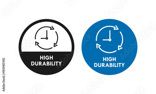 High durability stamp design featuring a clock and rotating arrows in a jagged seal, symbolizing long-lasting quality, reliability, and lifetime performance.