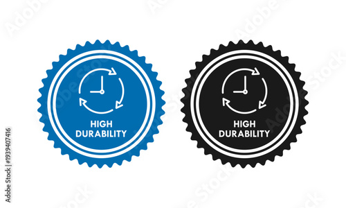 High durability stamp design featuring a clock and rotating arrows in a jagged seal, symbolizing long-lasting quality, reliability, and lifetime performance.
