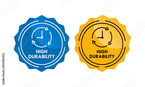 High durability stamp design featuring a clock and rotating arrows in a jagged seal, symbolizing long-lasting quality, reliability, and lifetime performance.