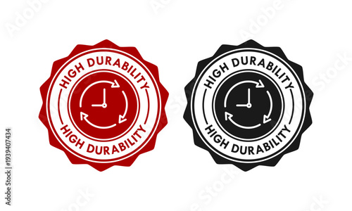 High durability stamp design featuring a clock and rotating arrows in a jagged seal, symbolizing long-lasting quality, reliability, and lifetime performance.