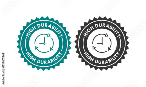 High durability stamp design featuring a clock and rotating arrows in a jagged seal, symbolizing long-lasting quality, reliability, and lifetime performance.