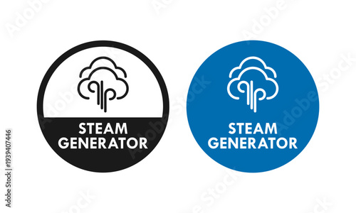 Steam generator icon set with cloud and vapor lines design, available in circular badges for appliance and industrial technology branding.