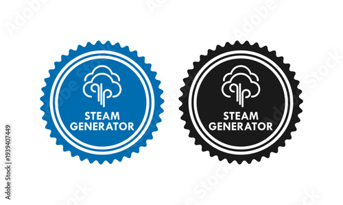 Steam generator icon set with cloud and vapor lines design, available in circular badges for appliance and industrial technology branding.