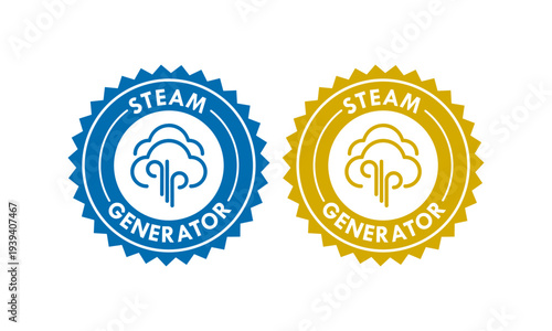 Steam generator icon set with cloud and vapor lines design, available in circular badges for appliance and industrial technology branding.