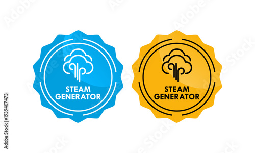 Steam generator icon set with cloud and vapor lines design, available in circular badges for appliance and industrial technology branding.