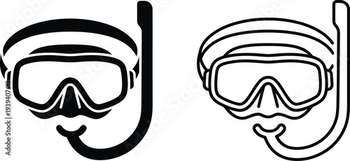 Scuba diving snorkeling mask and snorkel vector icons outline and solid black illustrations