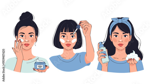 Vector illustration of young women applying skincare products, a beauty routine