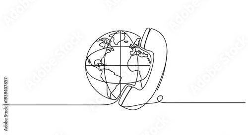 Foto Global communication concept in continuous line art with globe and phone