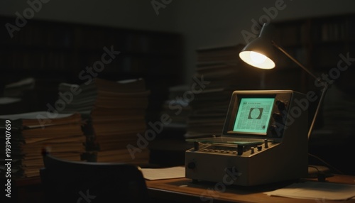 Medium shot of a microfiche station illuminated by a small lamp the reader in sharp focus while the darkened room with blurred newspaper stacks recedes.