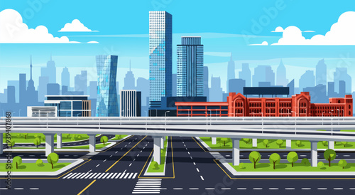 modern cityscape illustration in a vector style with a highway overpass and skyscrapers during daytime