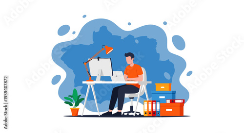 Creative Young Man Working on Laptop at Desk, Vector Illustration of Modern Home Office Workspace Setup with Plant and Files