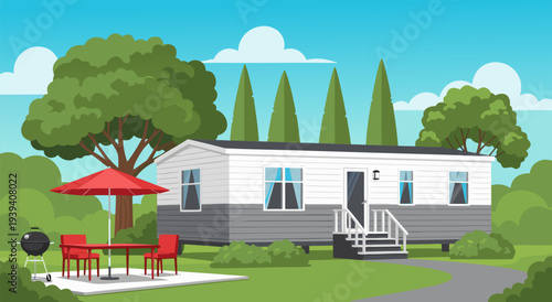 Charming mobile home in a green park, vector illustration for peaceful outdoor living and recreation