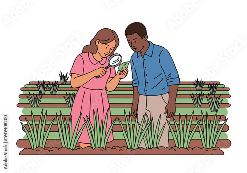 Vector illustration of two children in a garden examining plants closely with a magnifying glass