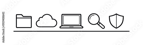 Digital icons representing cloud storage, laptop, search, and security on a white background