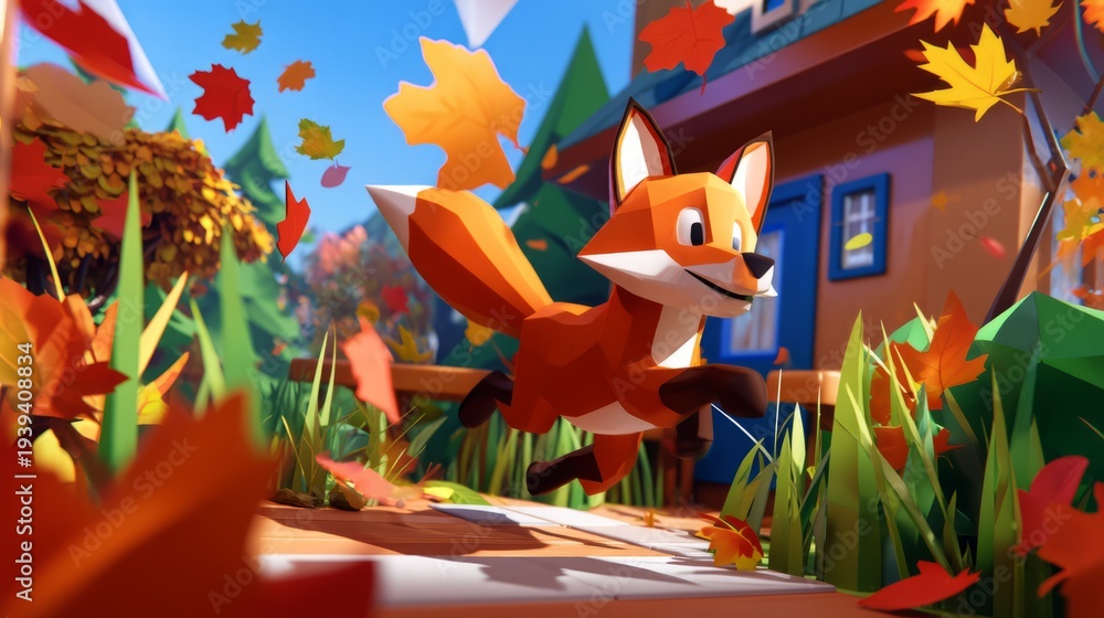 Obraz premium Animated 3D Fox Chasing Autumn Leaves in Vibrant Cartoon Scene