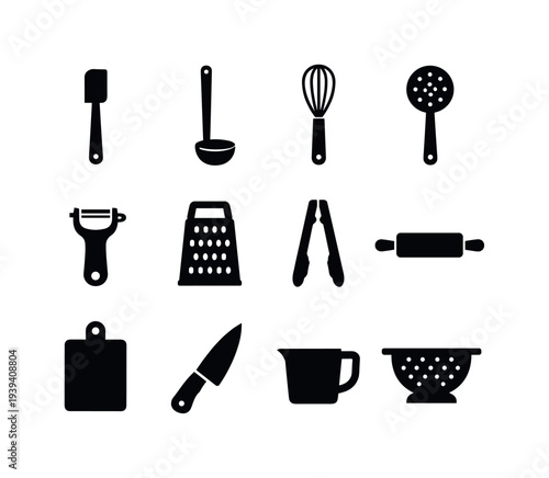 Collection of black kitchen utensil icons on a white background, simple and clean design