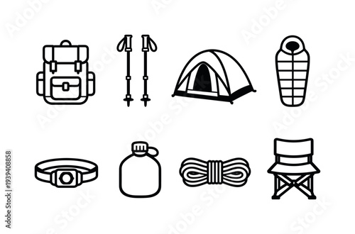 Collection of outdoor adventure and camping equipment icons in a clean, minimalist style