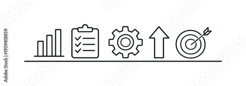 Business growth strategy icons: analytics, checklist, gears, upward arrow, and target