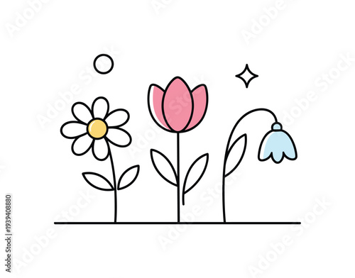 Simple line art illustration of three different flowers with pastel colors on white background