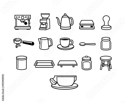 Collection of coffee making equipment icons in a clean, modern line art style