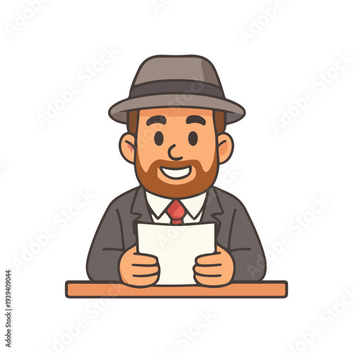 News reporter reading paper. Journalist at desk. Retro announcer smiling
