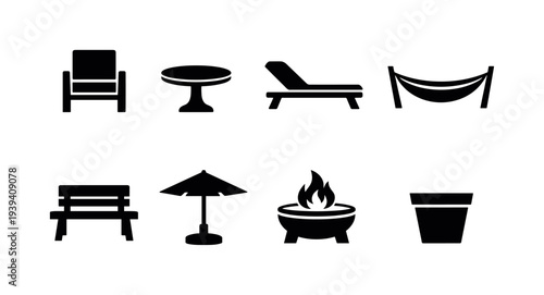 Collection of outdoor furniture and garden icons in a simple black and white graphic style