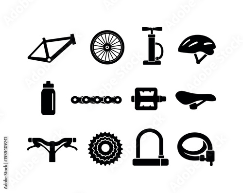 Collection of bicycle parts and accessories icons on a white background