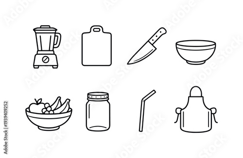 Collection of kitchen icons for healthy eating and smoothie preparation