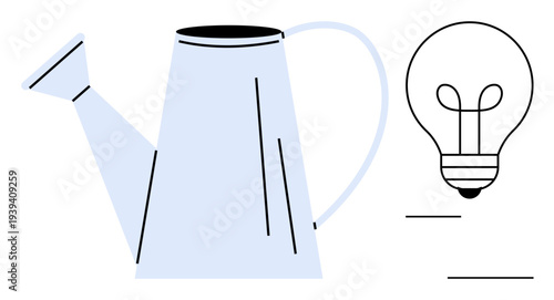 Growth and innovation. A watering can and light bulb nurturing ideas and development for progress. Growth connect creativity, sustainability, and success strategies. For business, education, energy