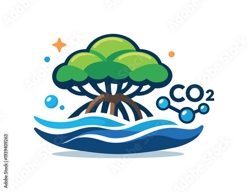 Mangrove tree absorbing CO2 from the atmosphere, symbolizing carbon sequestration and environmental protection