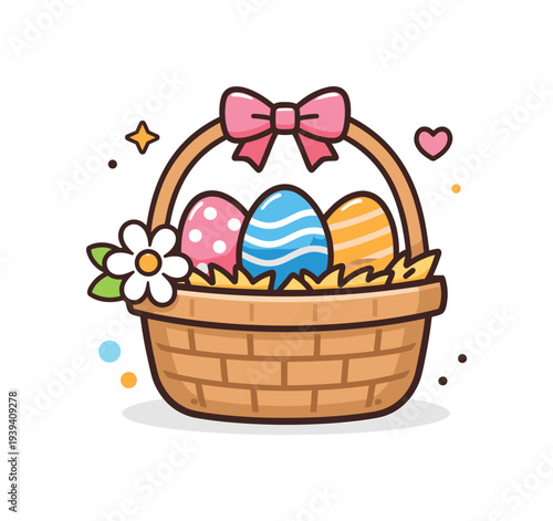 Easter basket with decorated eggs and a flower, festive spring celebration