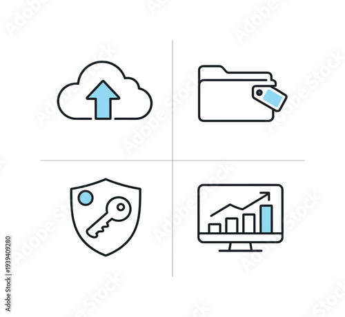 Cloud upload, wallet, security key, and analytics graph icons for digital services