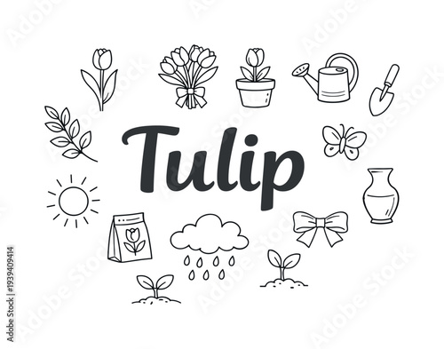 Tulip illustration with gardening elements and spring symbols
