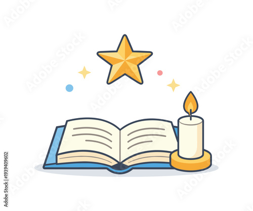 Open book with a glowing star and candle, symbolizing knowledge and inspiration