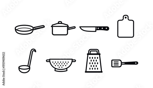 Collection of simple line art icons representing various kitchen utensils and cookware