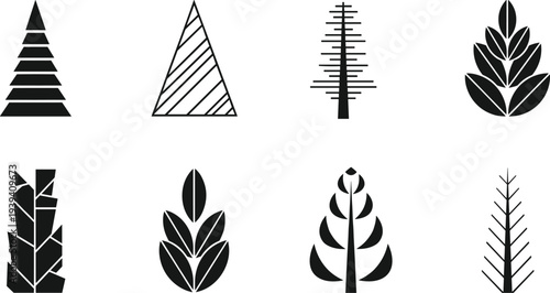 Vector illustration of stylized geometric tree silhouettes symbolizing nature, ecology, culture, tradition, heritage, identity, diversity, and education