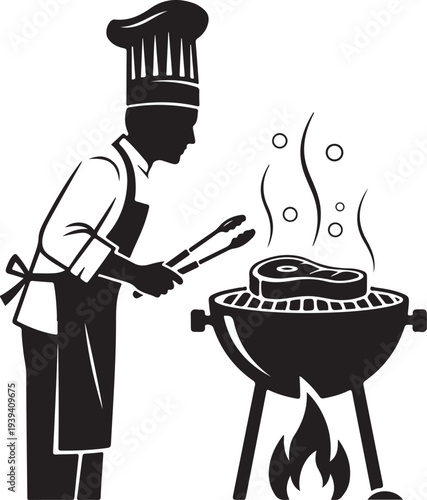 Chef grilling meat over a barbecue a striking black silhouette