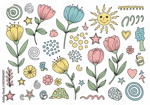 Colorful hand-drawn flowers and whimsical elements arranged in a lively illustration on a clean background from a direct viewpoint.