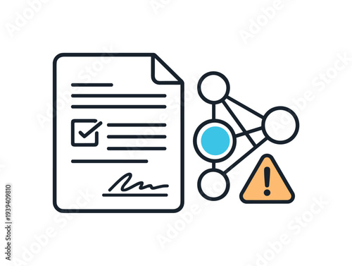 Document with checklist and network graph showing a warning sign