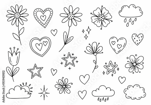 A collection of whimsical hearts, flowers, and stars illustrated in a simple line art style.