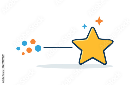Yellow star with sparkling effects and a trail of blue and orange dots