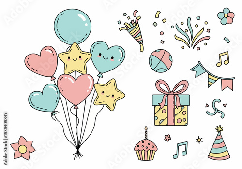 Celebratory balloons and party decorations float in a joyful scene with smiling faces and colorful streamers from a festive viewpoint.