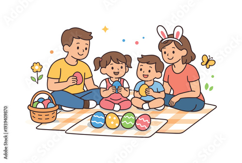 Happy family enjoying Easter egg hunt and picnic on a sunny day